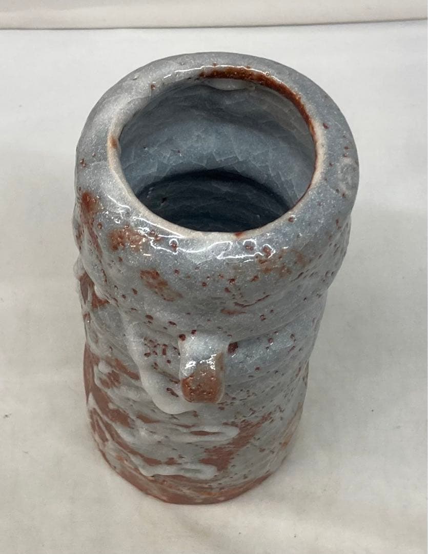 B189b 山田正和造　「鼠志野耳付花瓶」共箱　陶歴紙有　白山窯　花道具茶道具