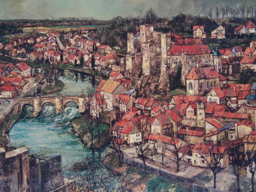 河畔の古城、花巻碧、希少な画集より、新品高級額・額装付