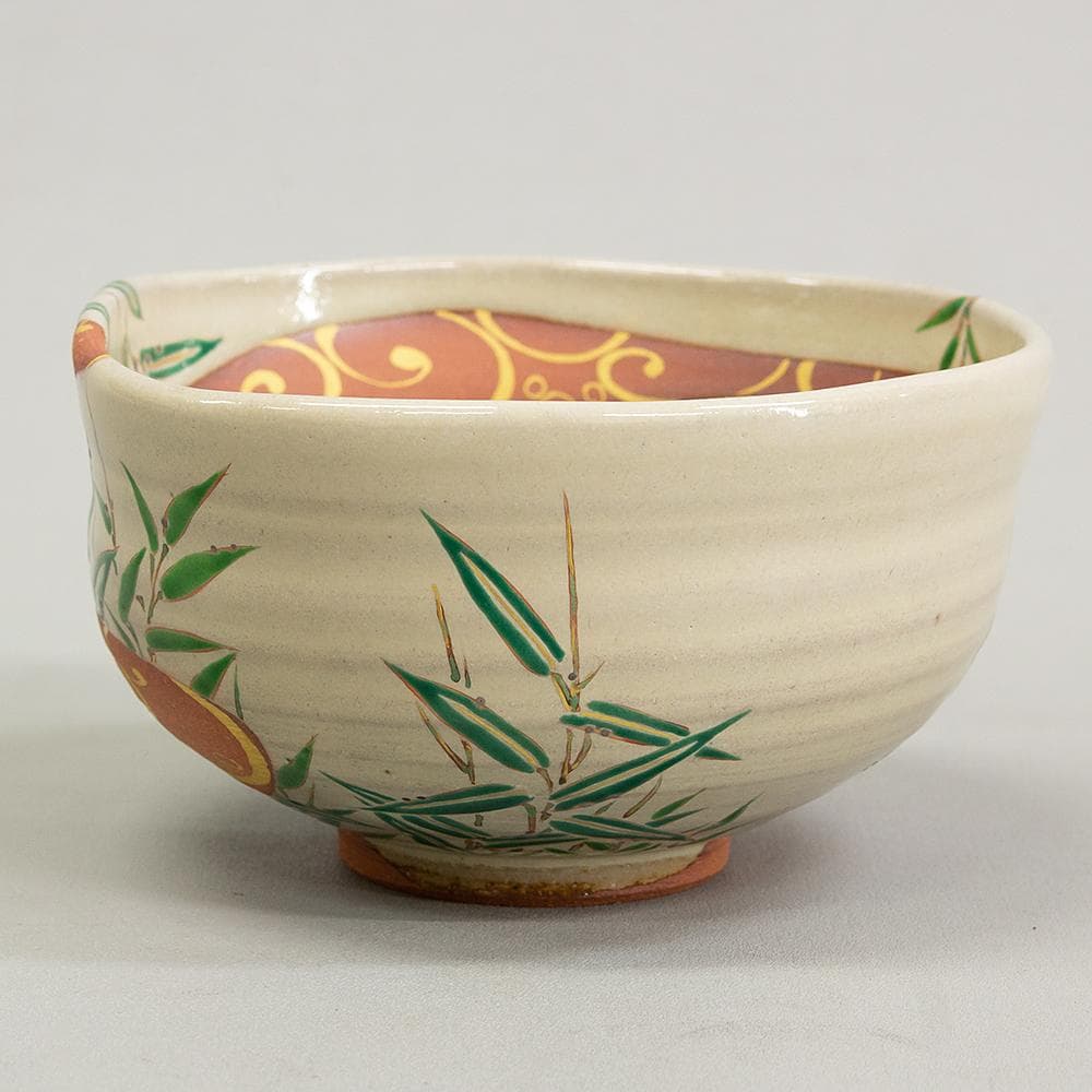 京焼 平安 中村秋峰 茶碗 光琳水露笹絵 美品 共箱 茶道具 抹茶碗 平茶碗