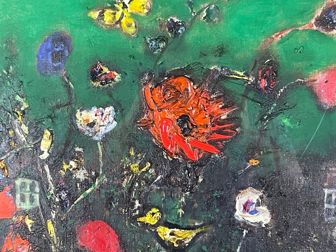 洋画家　山田栄二　油彩　F20号　花と都会　額装　重厚なマチエールの傑作