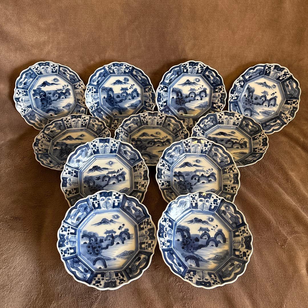 ⬛︎五寸変形皿11枚⬛︎染付手描⬛︎古伊万里⬛︎山水巻物角皿江戸⬛︎有田骨董⬛︎