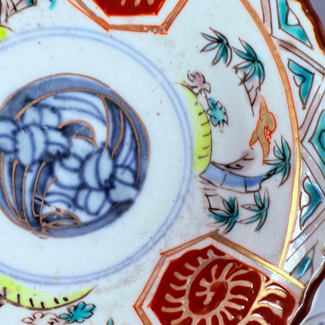 古伊万里　染錦　菖蒲　竹鳥図　直径12.3㎝　赤絵　6枚　古器を楽しむ