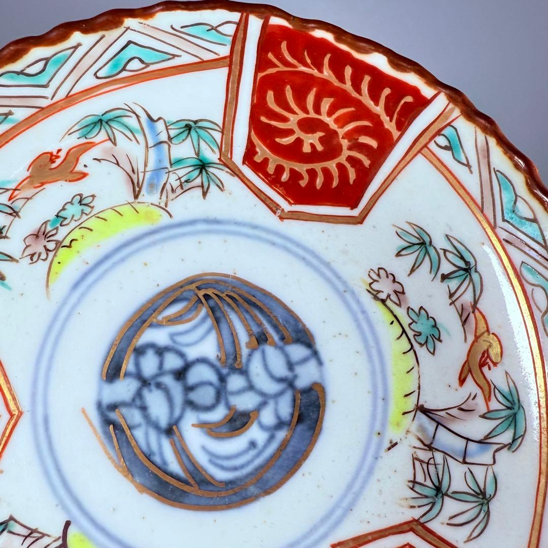 古伊万里　染錦　菖蒲　竹鳥図　直径12.3㎝　赤絵　6枚　古器を楽しむ