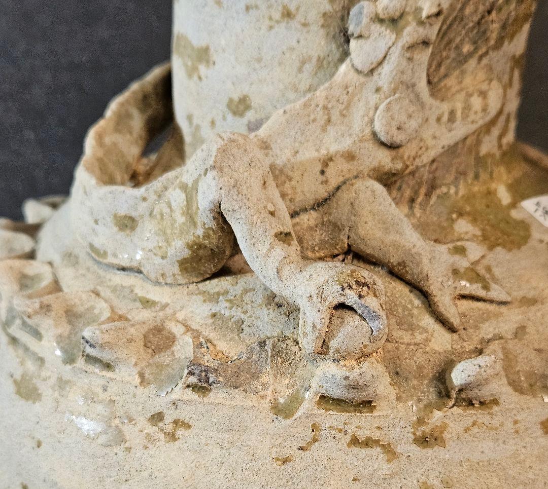 古代中国陶磁器　漢～隋代　緑釉　龍貼り　 高さ28.2cm　壺　花入れ　オブジェ