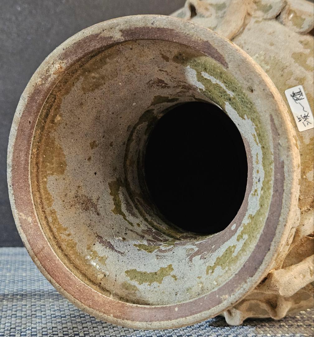 古代中国陶磁器　漢～隋代　緑釉　龍貼り　 高さ28.2cm　壺　花入れ　オブジェ