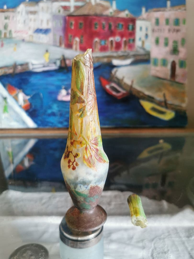アンティークドームナンシー 木の実 色被せガラス 異色熔込花瓶 パートドヴェール