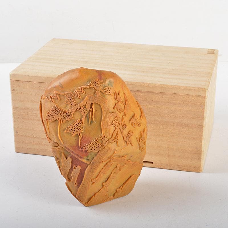 中国　玉石彫刻　山水人物刻　置物　時代箱付　M　R5717