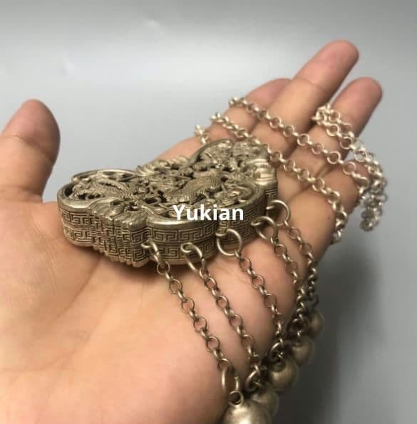 銅製 鎖 麒麟献宝蝶鎖 如意鎖 装飾品 工芸品 美術品 置物