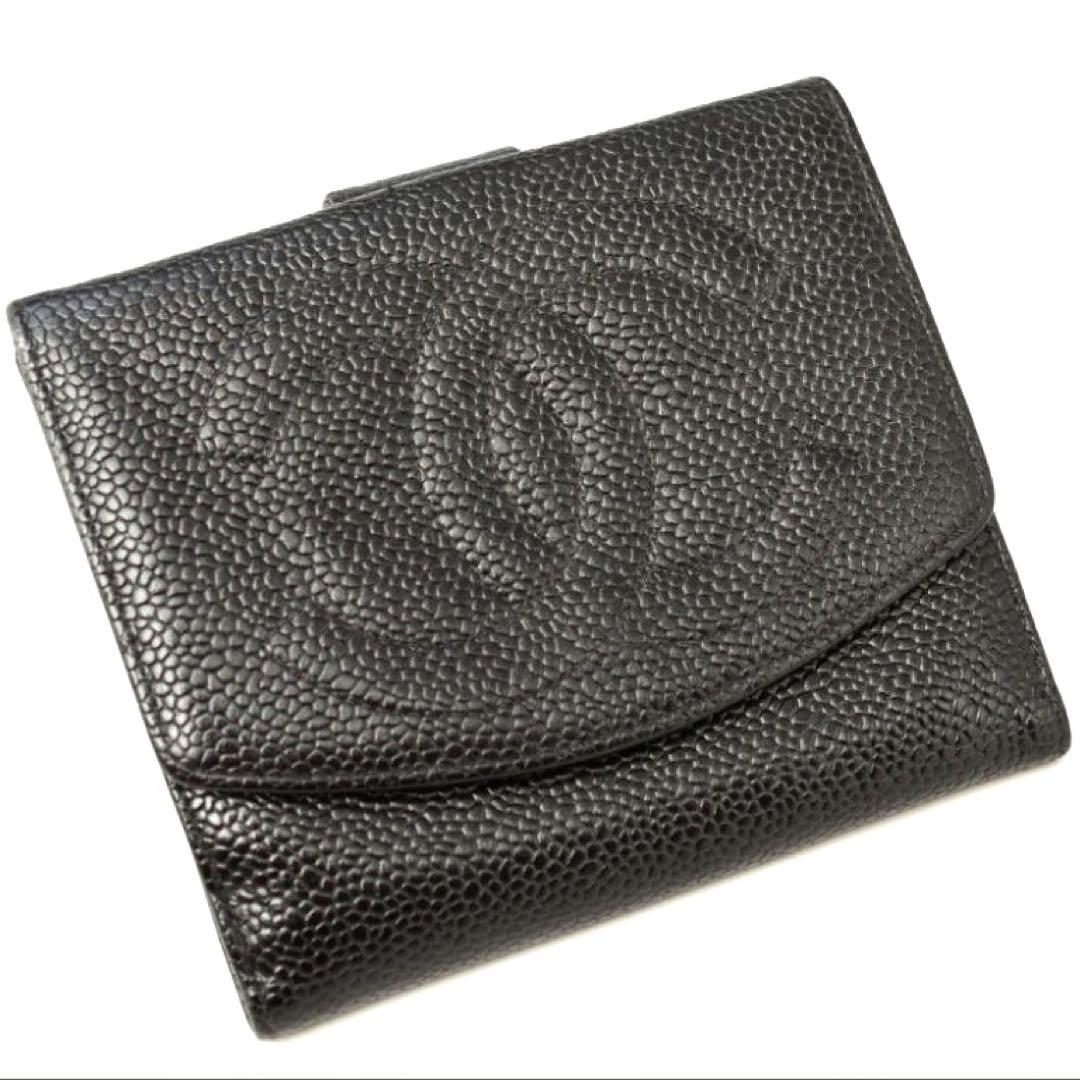 CHANEL　シャネル　キャビアスキン　Wホック　二つ折り財布　コンパクト財布