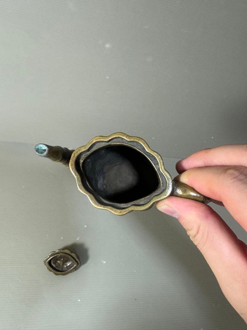 2357 中国骨董　乾隆御製銘　金銅竹節　急須　時代物