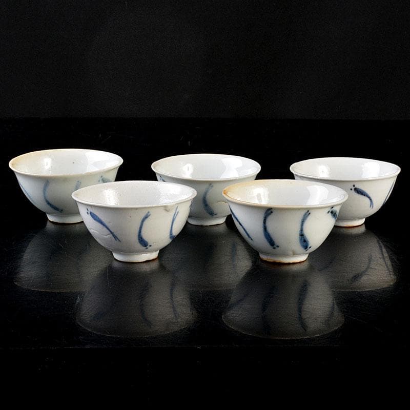 中国　南京染付　青花メダカ文煎茶碗　五客　M　6845