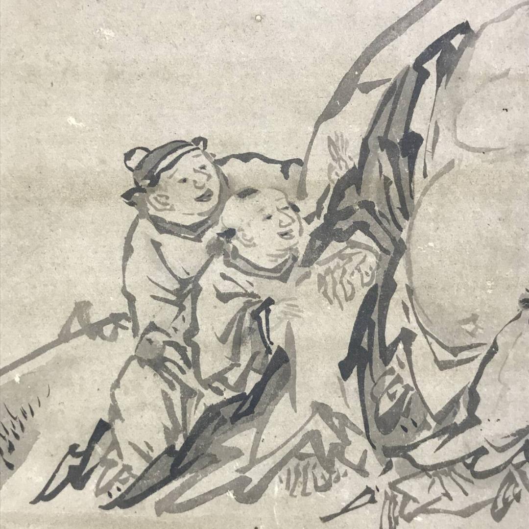 模写/狩野元信/布袋唐子図/福神図/人物図/横物/古画/掛軸☆宝船☆AH-678