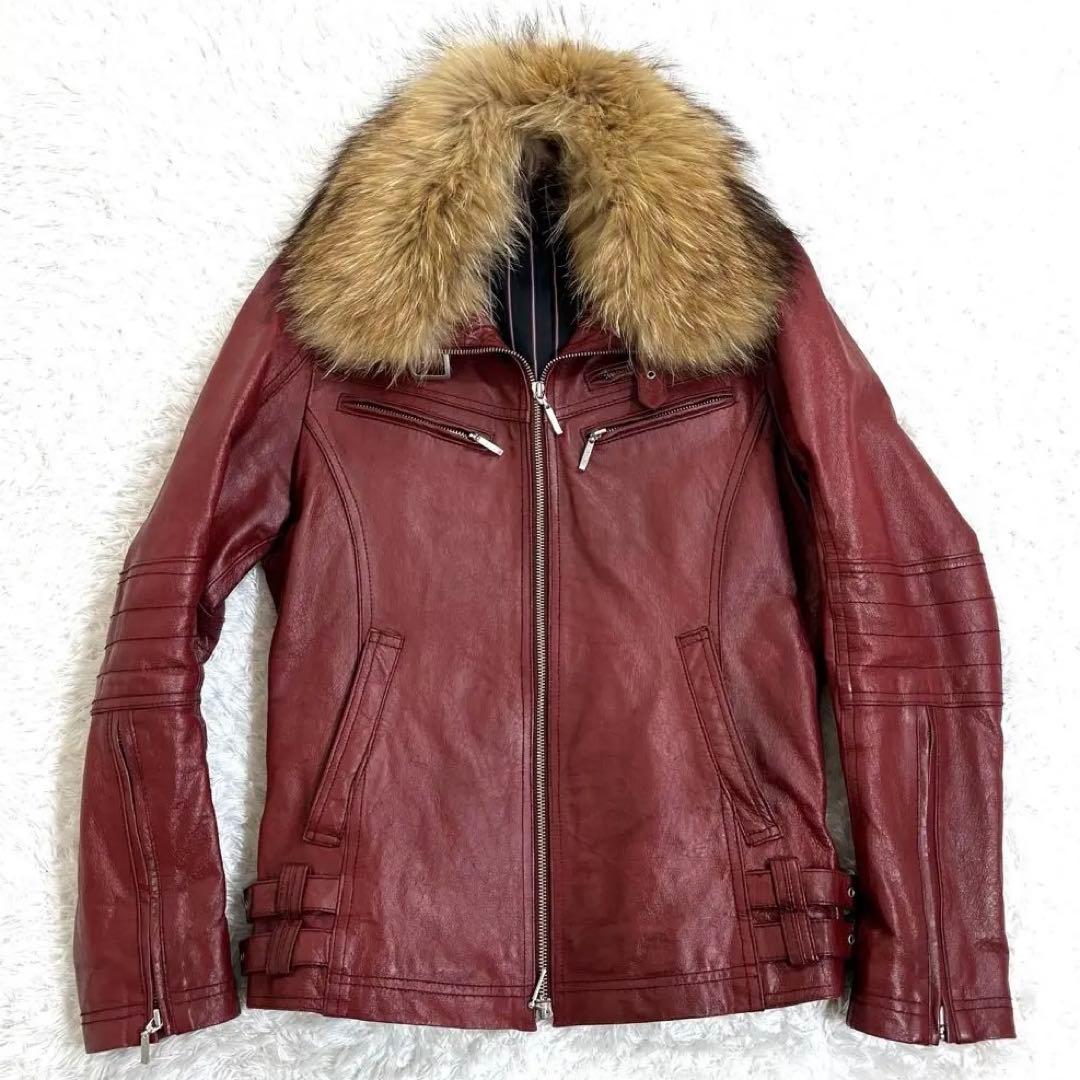 A.S.M ファー レザーシングルライダースジャケット バーガンディ y2k M