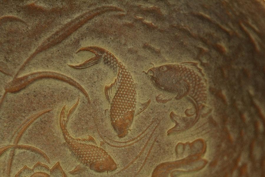 文房具 朱泥 魚紋 筆洗 匙 台付(LC981)