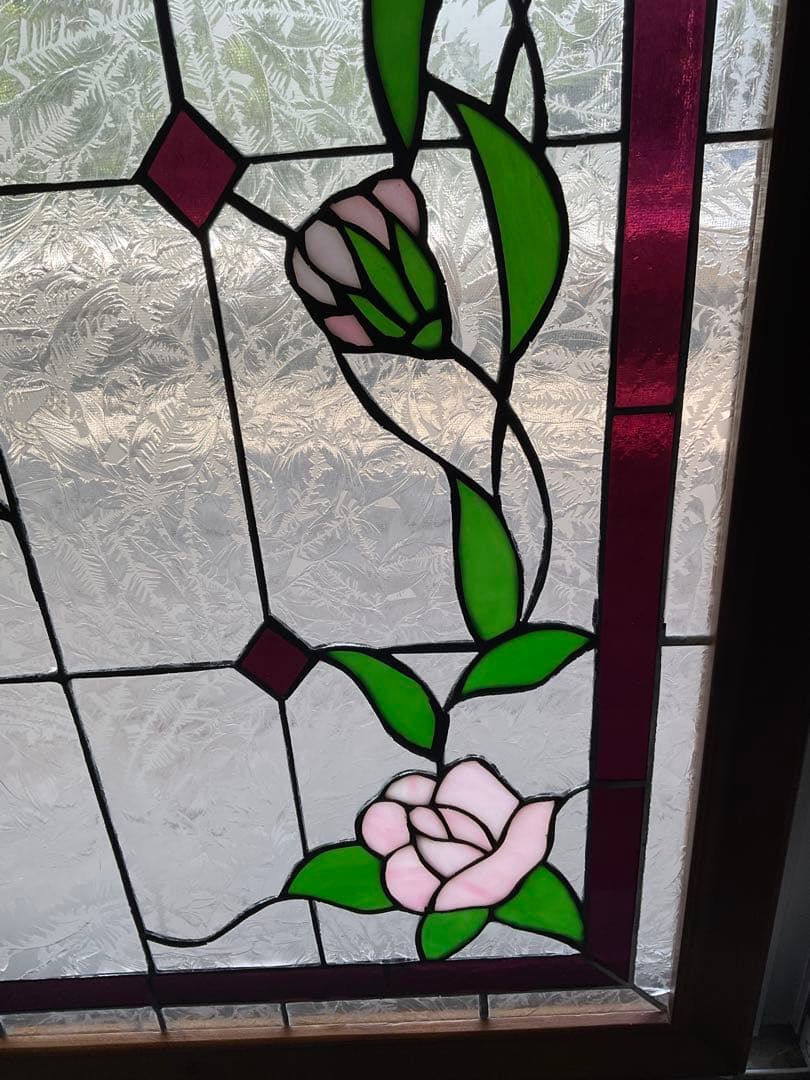 額装 ステンドグラス　薔薇 バラ　窓　アンティーク　ヴィンテージ　大正 浪漫