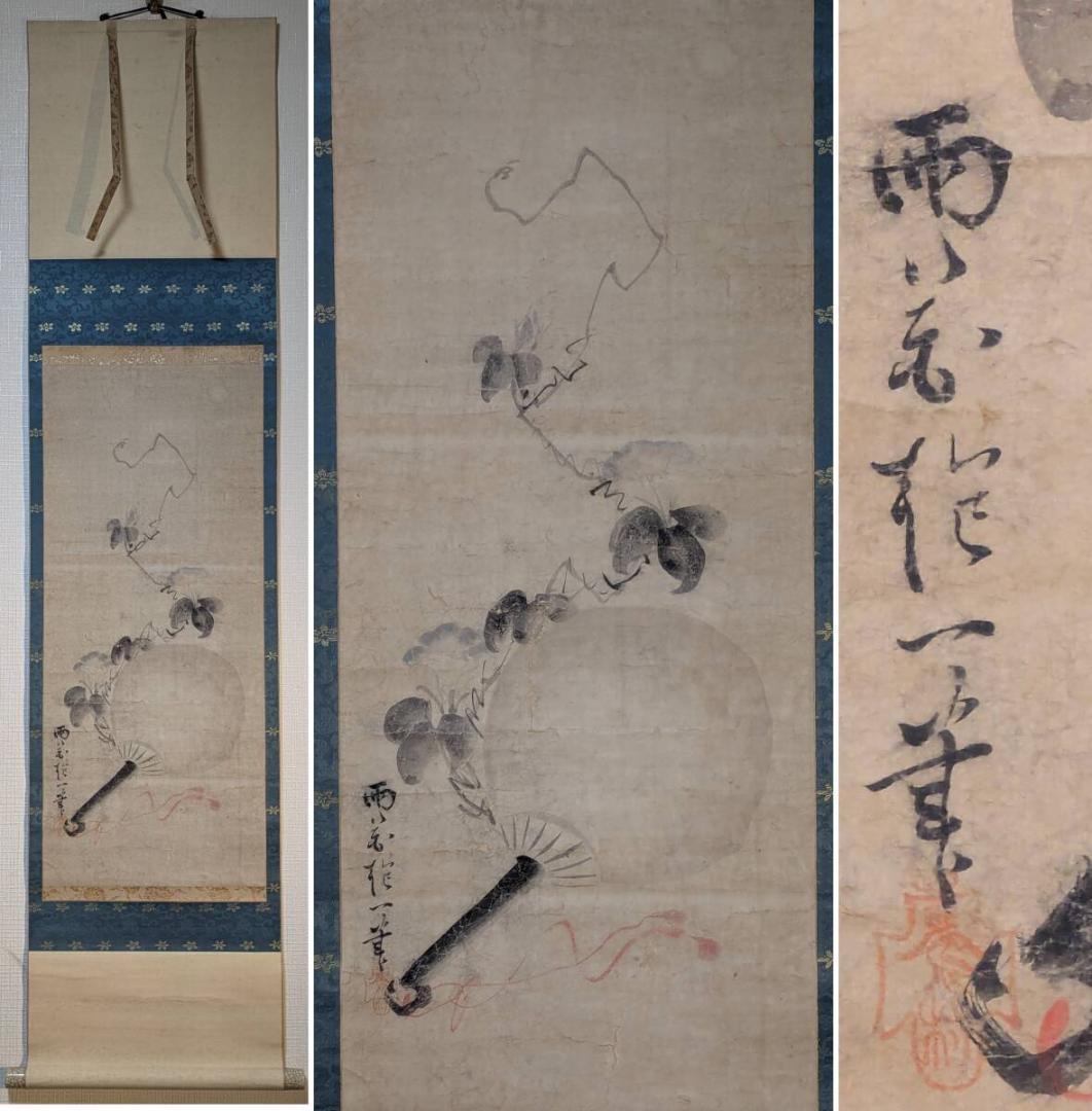 【模写】掛軸　酒井抱一　団扇に朝顔図　夏の風情　季節の掛け物　合箱入　S182