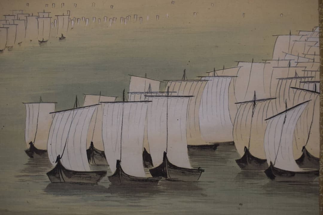 【真作】中島醴泉/入舟図/入帆静波図/掛軸☆宝船☆Y-420　JM