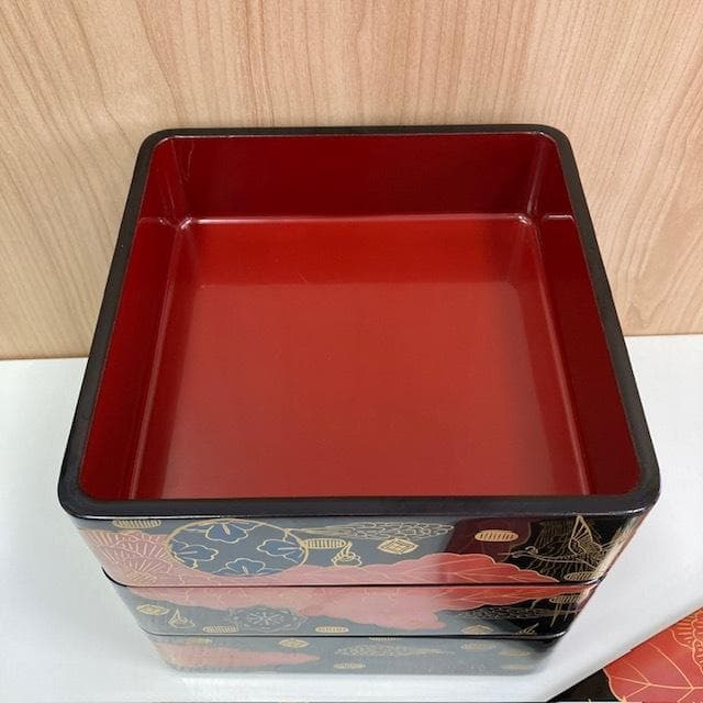 【美品】名店白木屋◇漆器◇重箱三段重◇天然木◇錦絵