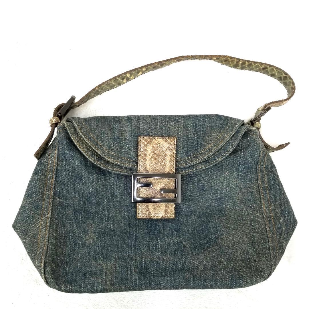 FENDI マンマバケット デニム×パイソン ショルダーバッグ　ミリタリグリーン