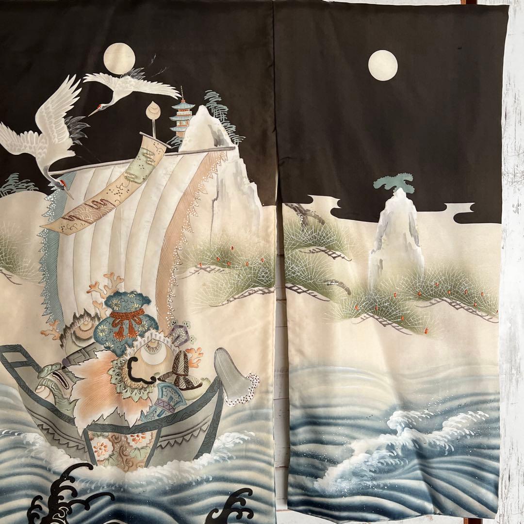 5502◆男の子アンティーク着物五つ紋宝船番鶴波手描き手刺繍時代古裂品格ある逸品