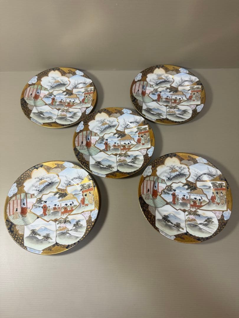 2132 明治時期　九谷焼　加賀亀田製　金彩  赤絵 人物文　皿　5客　時代物