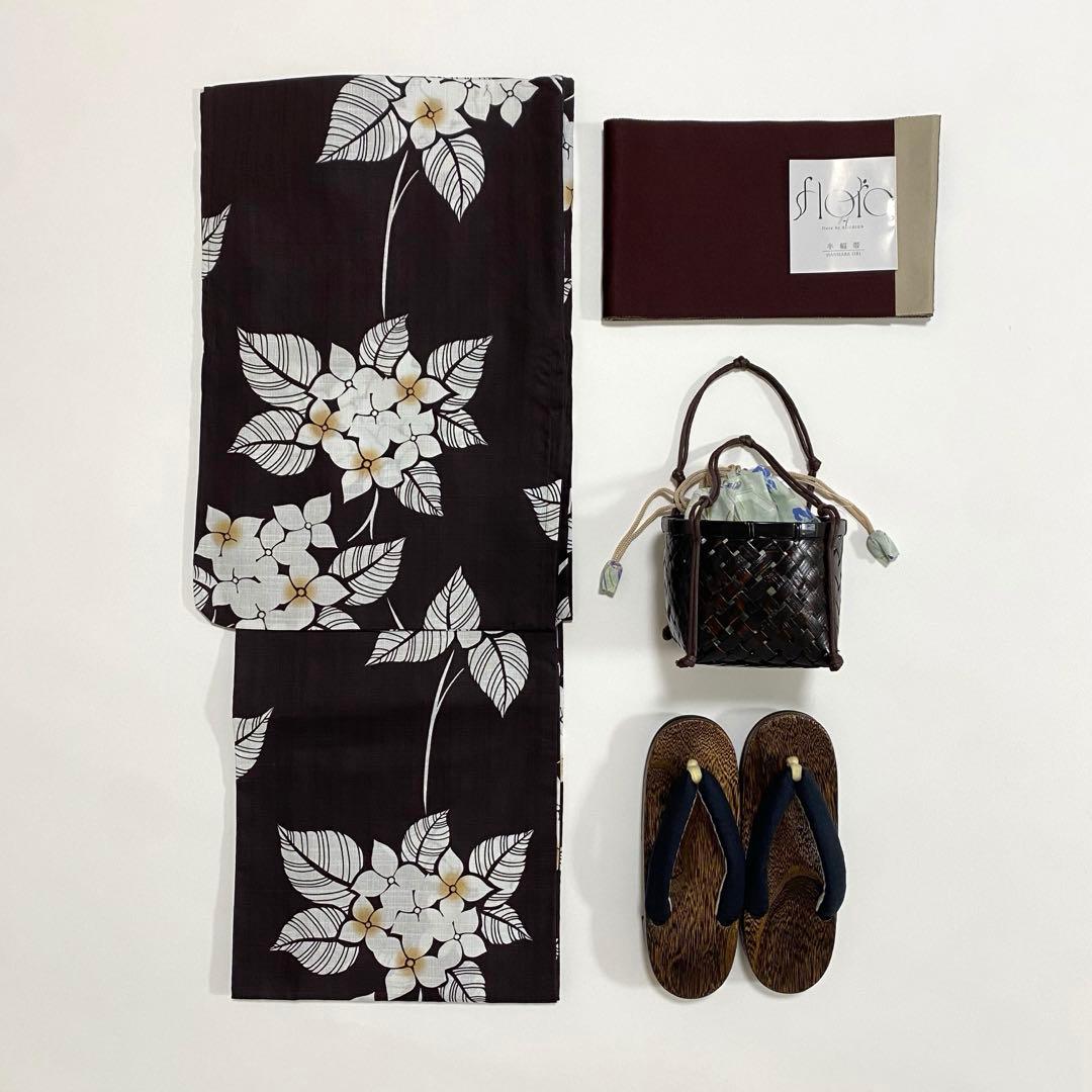 【浴衣4点セット】浴衣　半幅帯　かごバッグ　下駄　あじさい　紫陽花　焦茶　夏日記