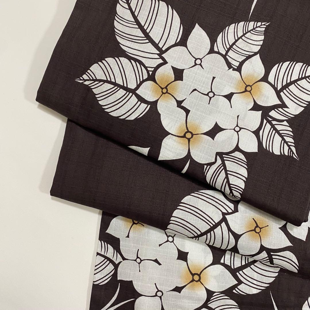 【浴衣4点セット】浴衣　半幅帯　かごバッグ　下駄　あじさい　紫陽花　焦茶　夏日記