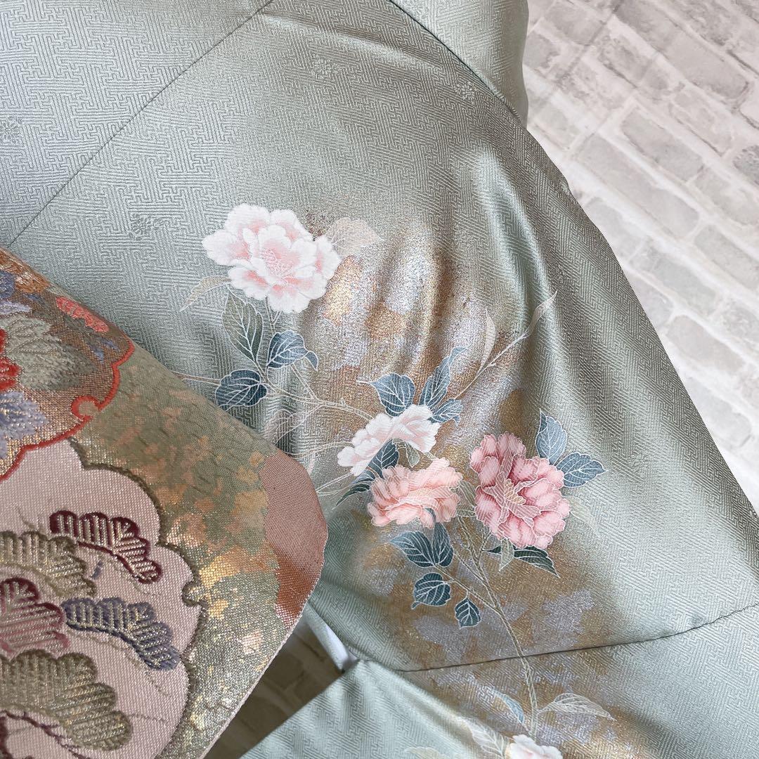 訪問着+長襦袢　フルセット　四季草花　綸子　繊細な中の豪華さ　金彩加工　H5