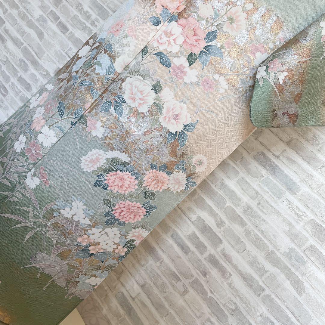 訪問着+長襦袢　フルセット　四季草花　綸子　繊細な中の豪華さ　金彩加工　H5