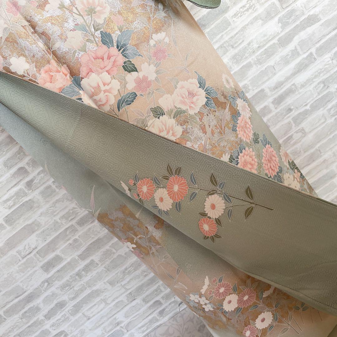 訪問着+長襦袢　フルセット　四季草花　綸子　繊細な中の豪華さ　金彩加工　H5