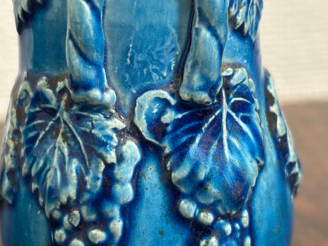 李朝　総瑠璃釉 葡萄文小壷 /骨董 古美術 壺 茶道具 唐物 染付 古玩