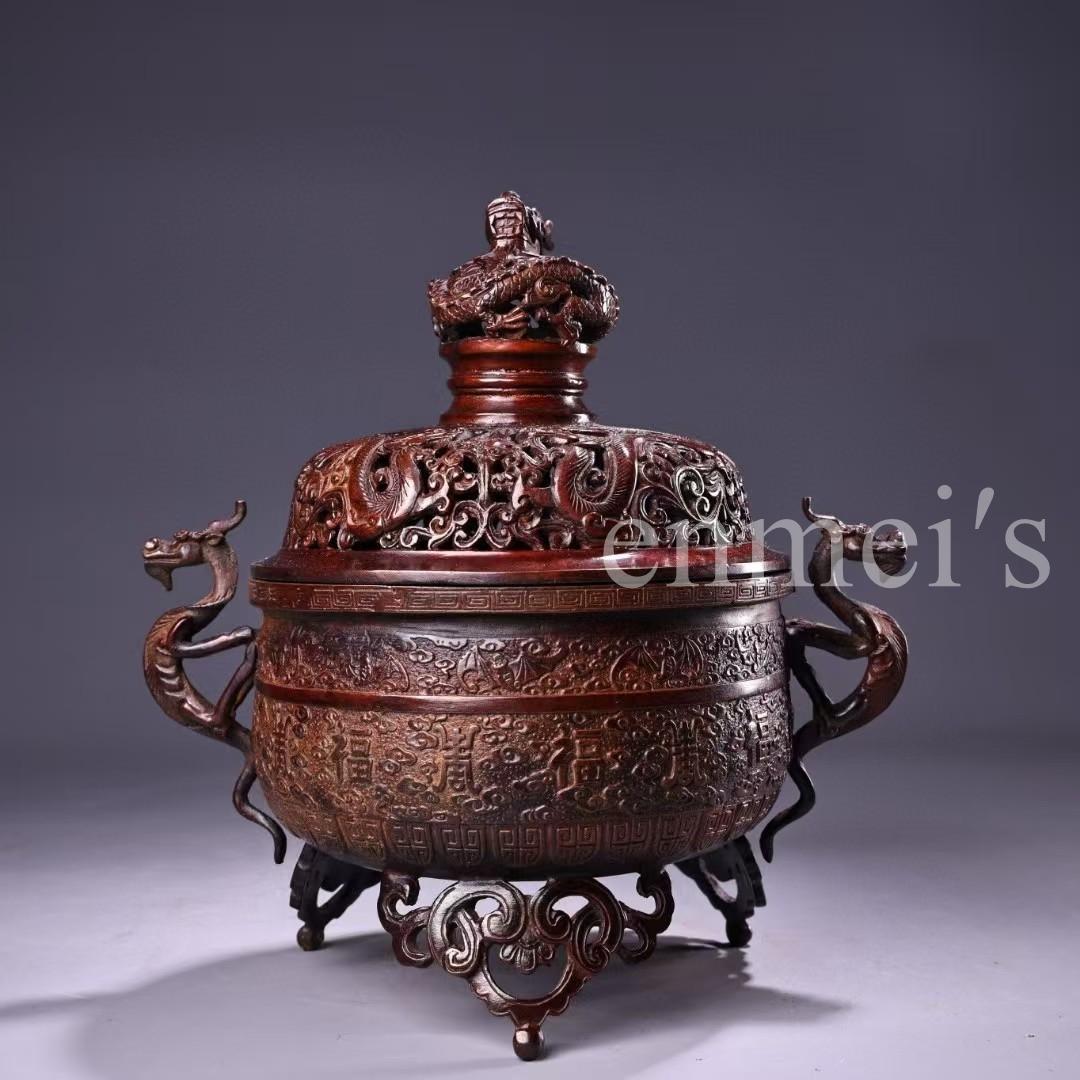 中国古美術・旧蔵純銅熏香炉・純銅製・香炉・鏨刻・高浮彫・置物・茶道具・文房具