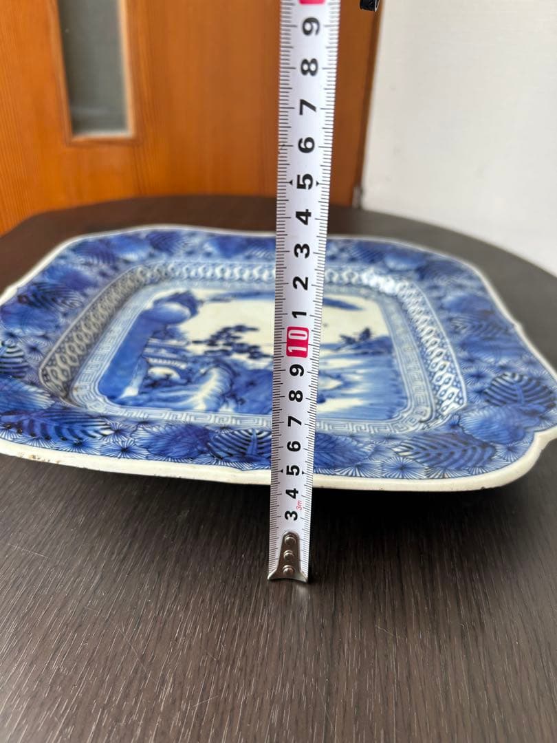 古伊万里 染付 ベロ藍 銘有 八角皿 唐草模様 山水楼閣 松絵 九谷 飾り皿