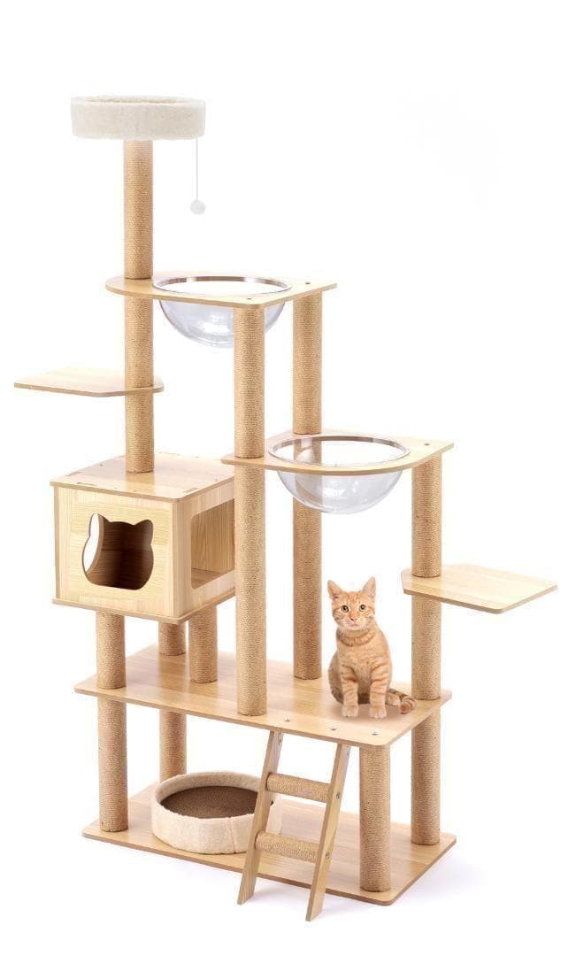 キャットタワー 木製 猫顔 猫窓 宇宙船カプセル 大型猫 据え置き型