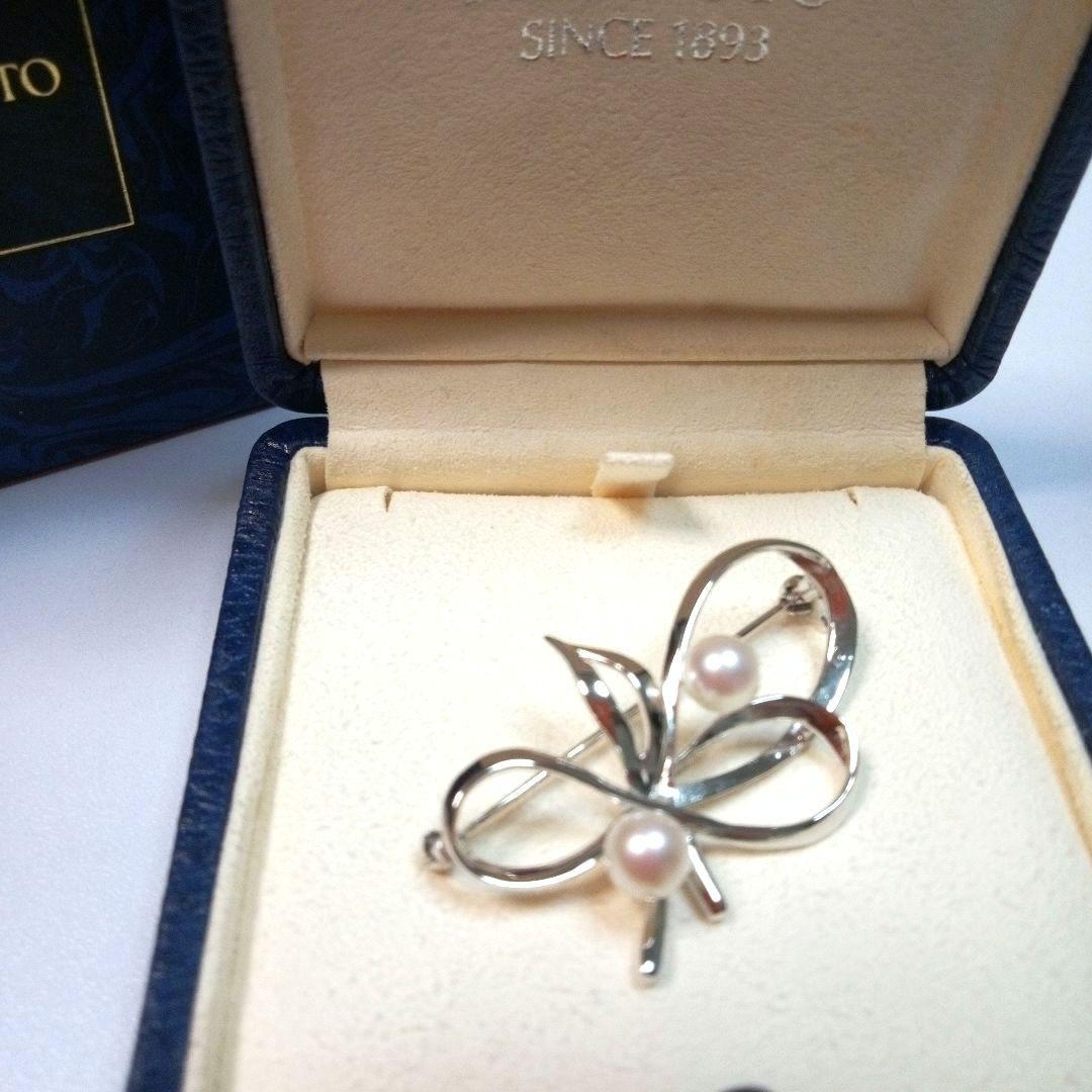 MIKIMOTO ヴィンテージ シルバー パールブローチ リボンリーフ