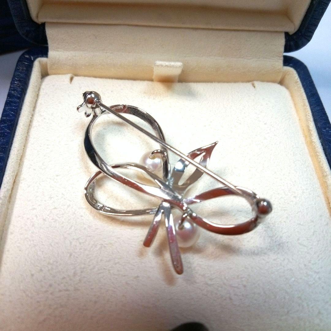 MIKIMOTO ヴィンテージ シルバー パールブローチ リボンリーフ