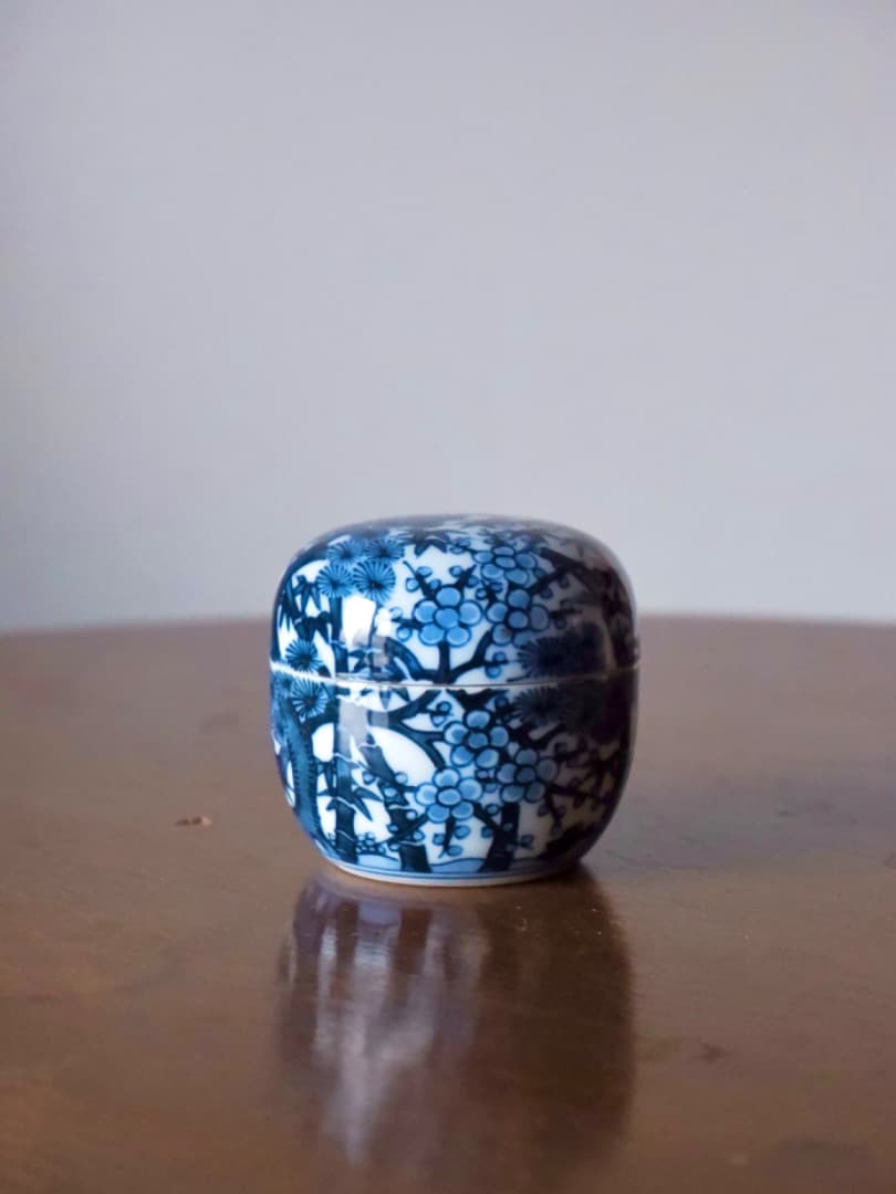 五良大甫　呉祥瑞造　染付　松竹梅　茶器　茶入れ　茶道具　箱付　美術品Q2253