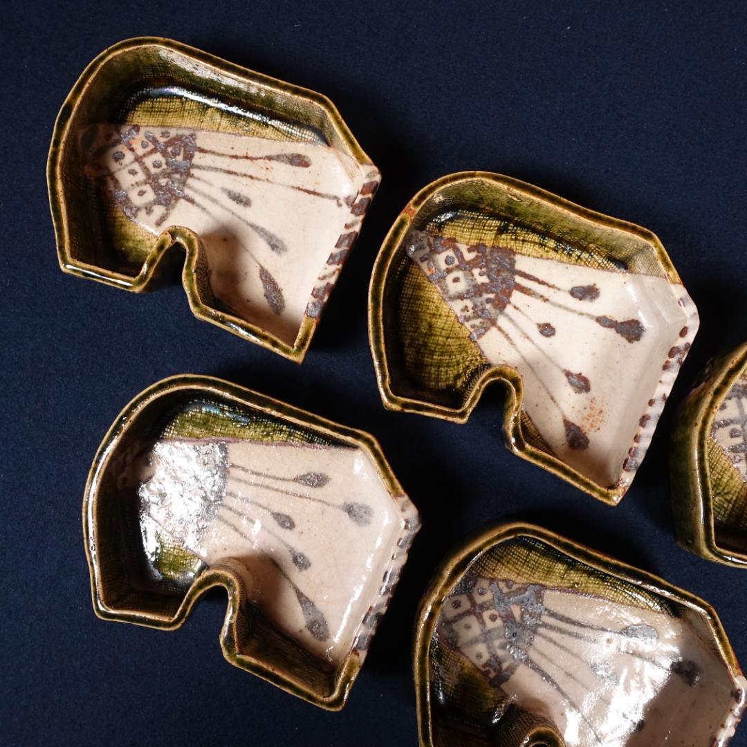 玉置保夫 織部向付 5客 共箱 岐阜県重要無形文化財