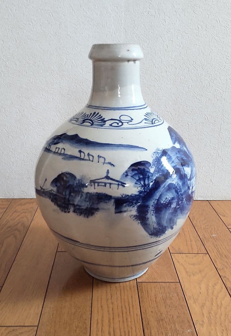 平清水焼　大徳利　山水図