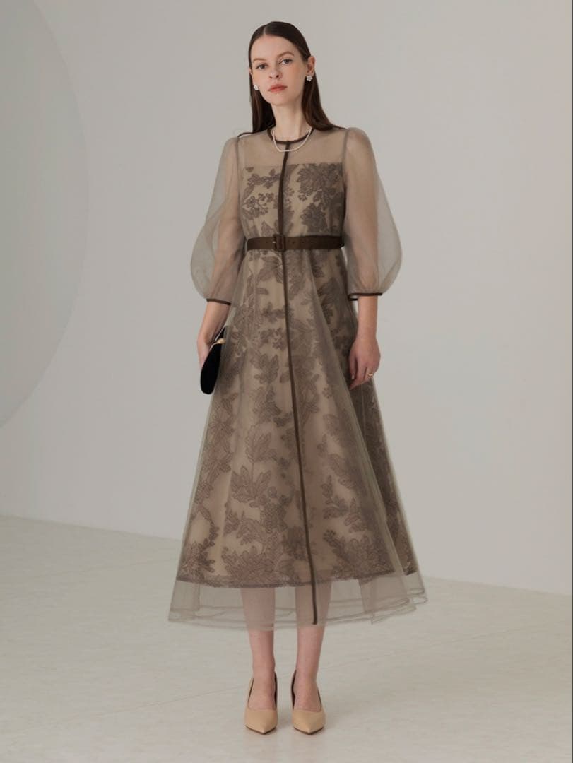 チュールパイピングリーフベルトAラインワンピースドレス結婚式二次会成人式