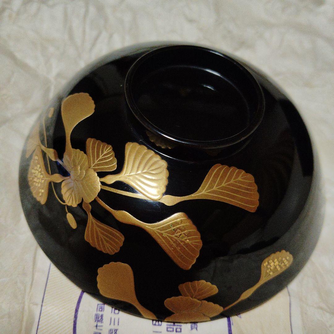 輪島塗黒い漆器の椀 金色の葉模様5客