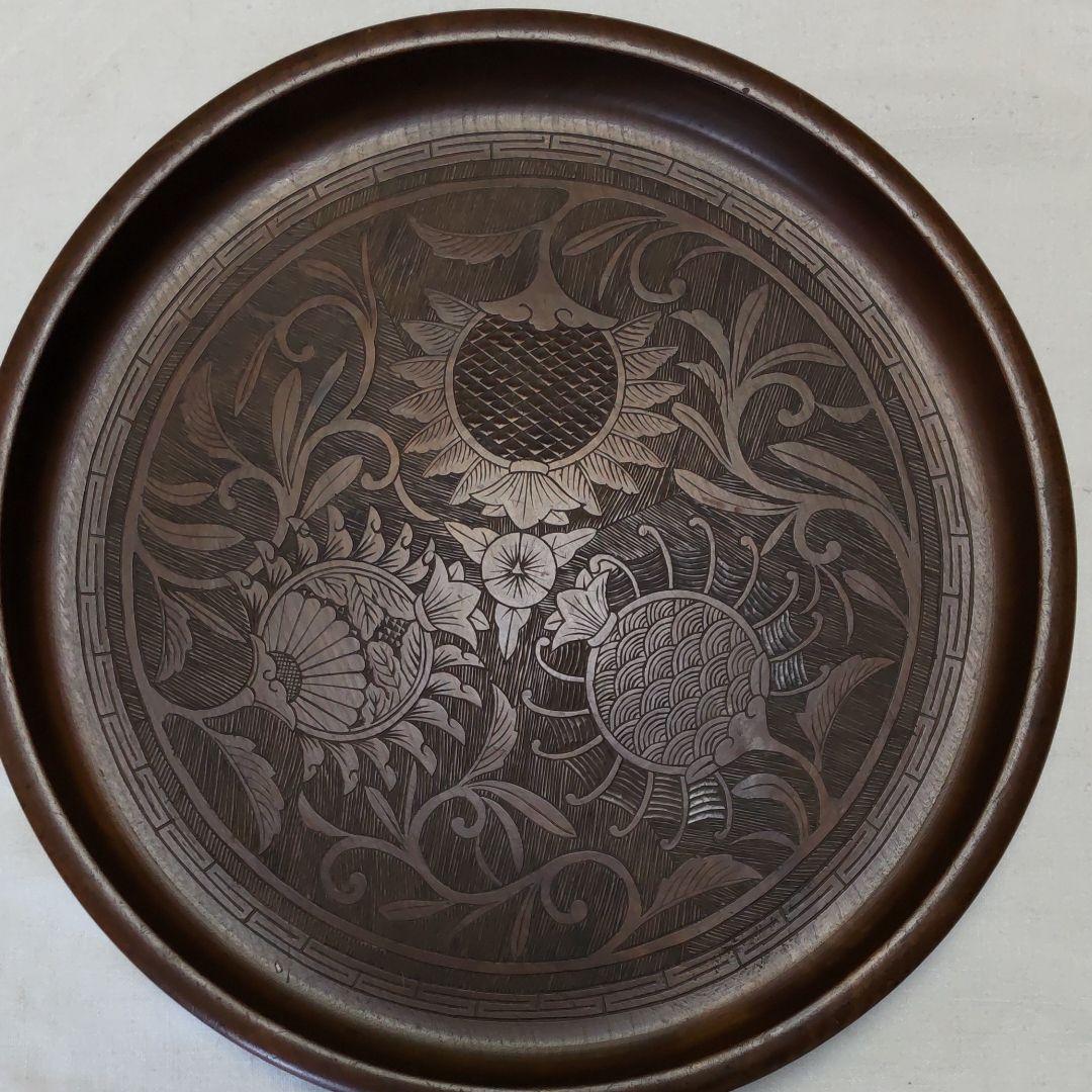 手彫り文様丸盆/龍渓刀