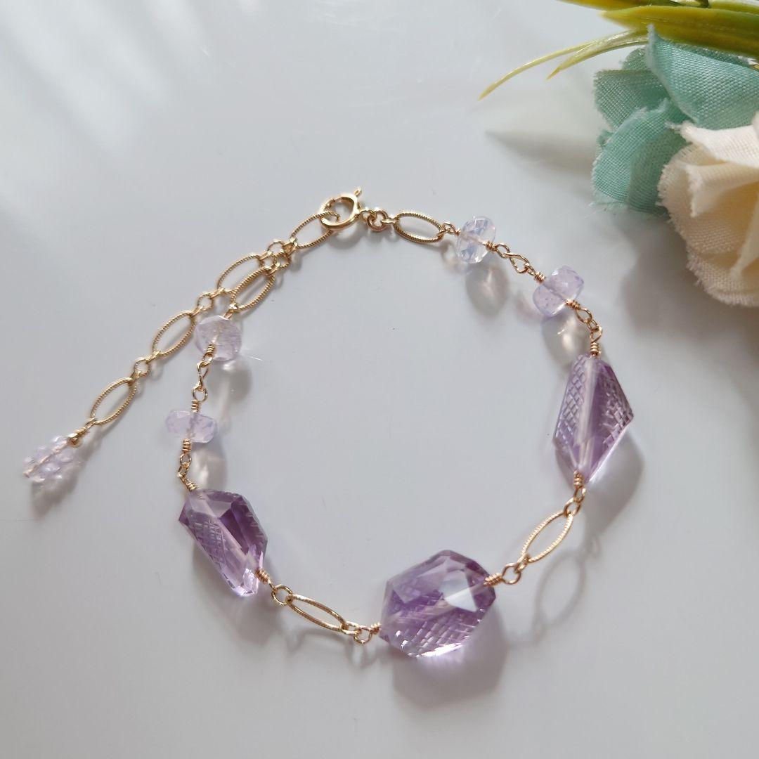 ℕページ】14Kgf❩ 素敵✧*タンブルカービングアメジストのブレスレット