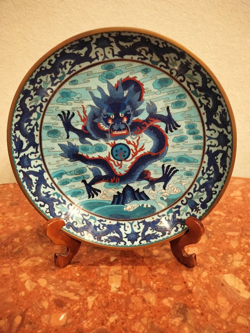青色 皿　七宝焼き 景泰藍　直径35cm