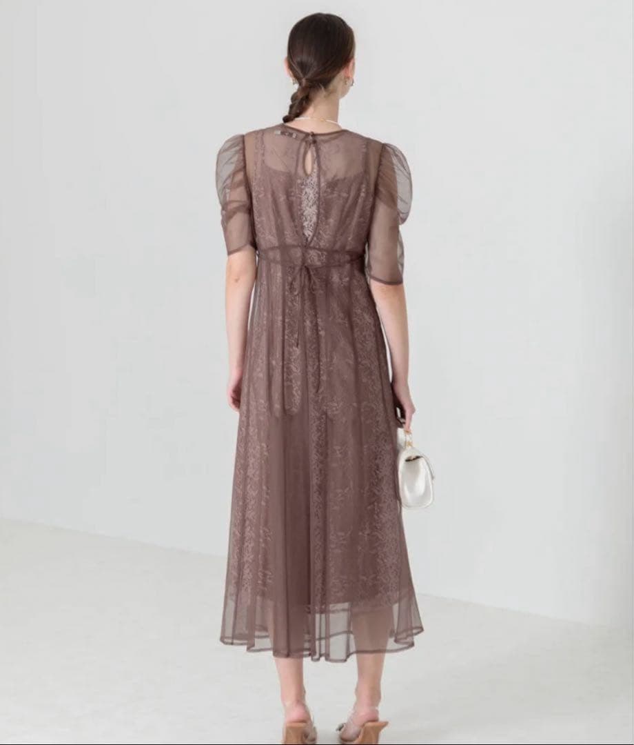 【LEJA】花柄総レースパフスリーブウエストリボン ドレス パーティ ワンピース