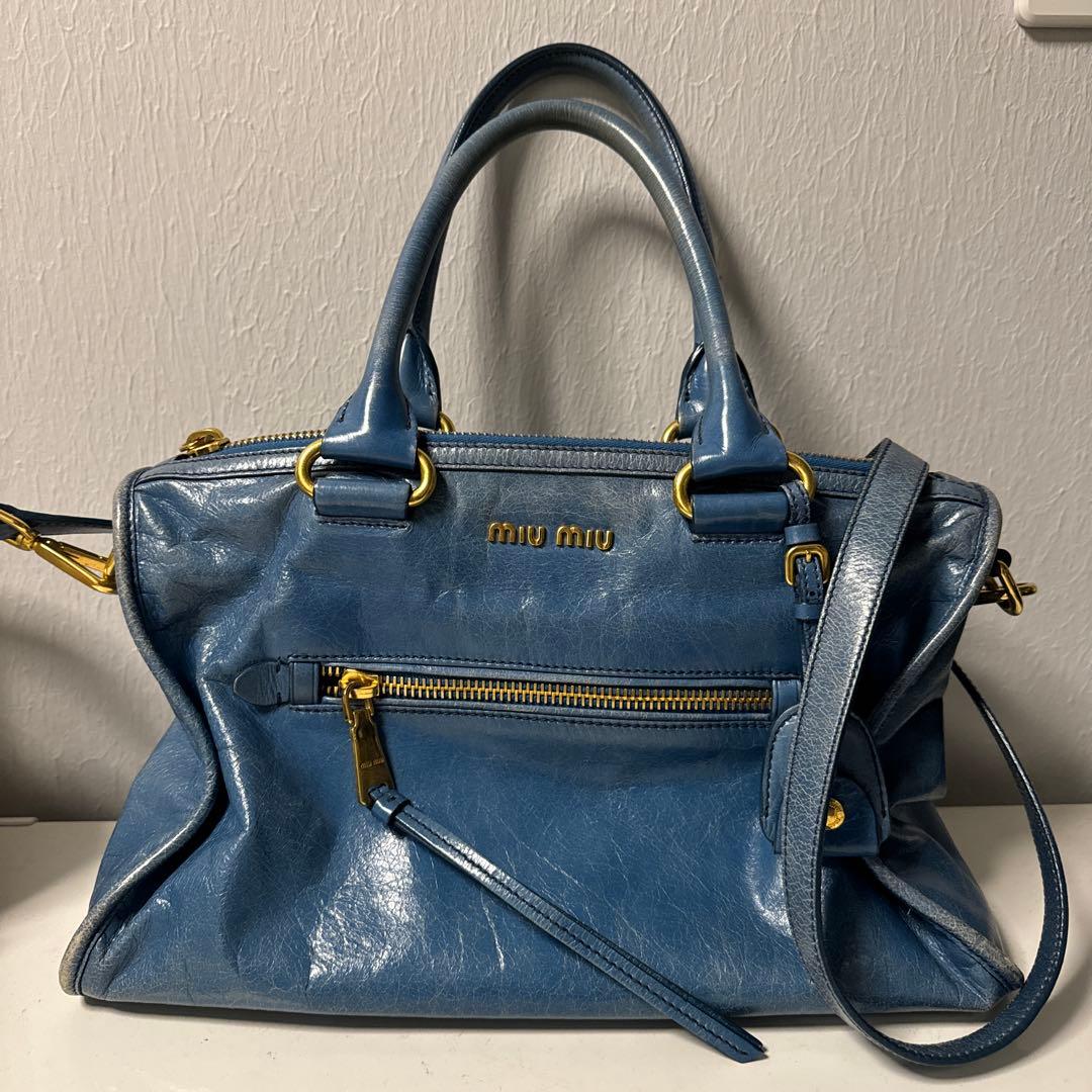 miu miu ハンドバッグ 青 レザー