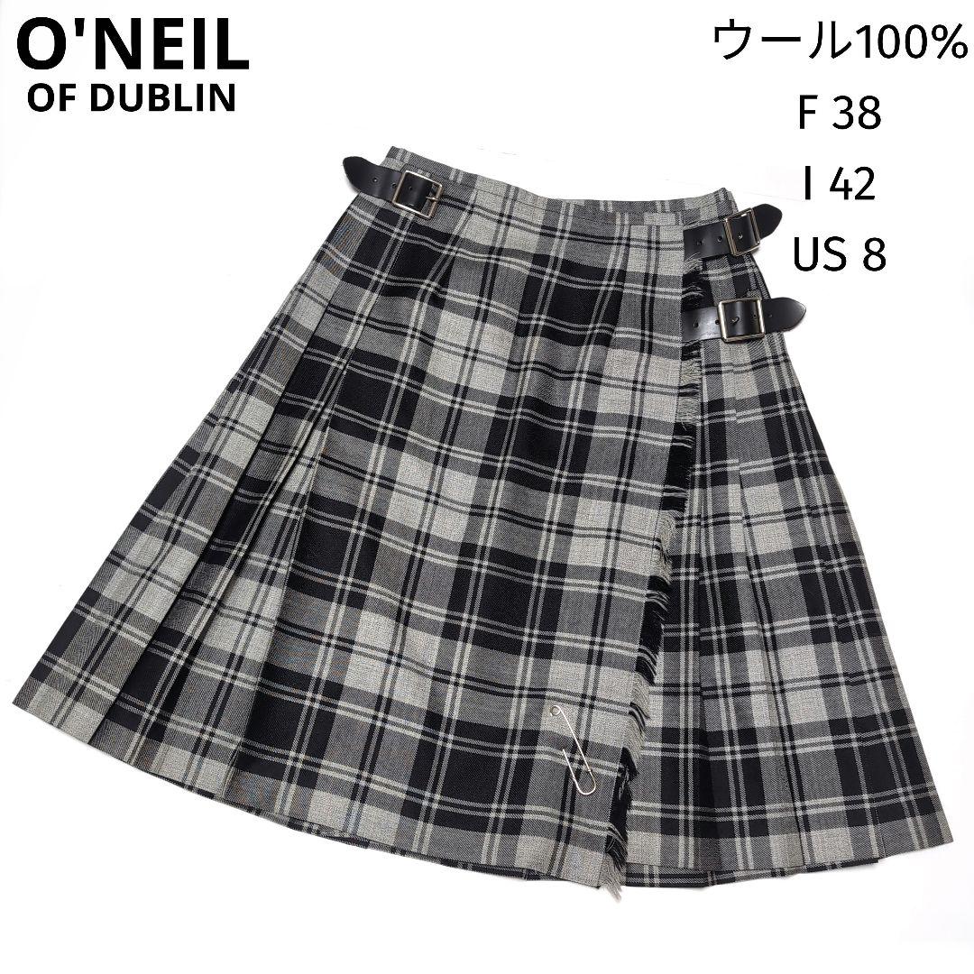 美品★オニールオブダブリン　チェック キルト ラップスカート 太ベルト★ピン付