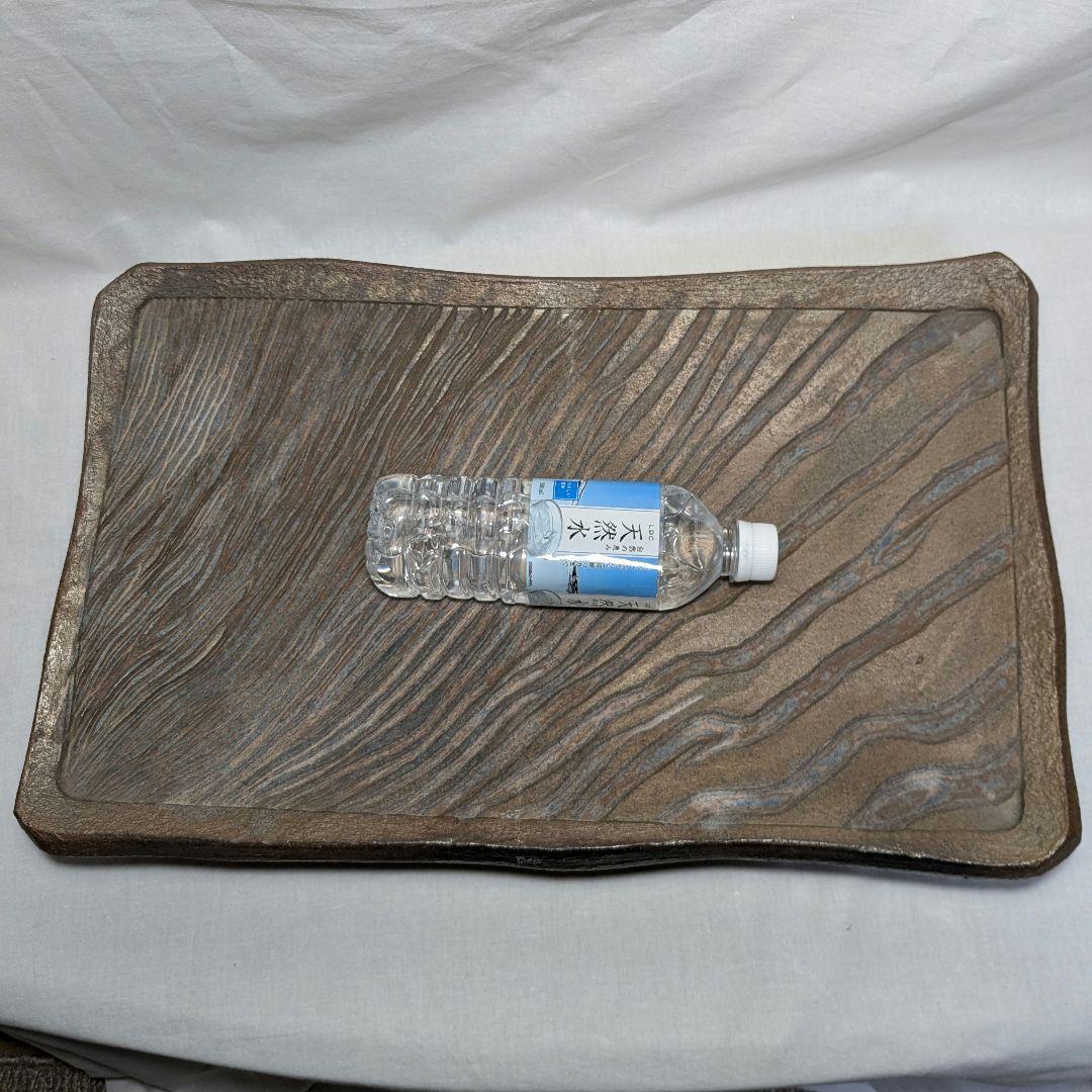 【直しあり】岡山県重要無形文化財 山本出 備前焼 足付縞文様長方皿 花台 陶板