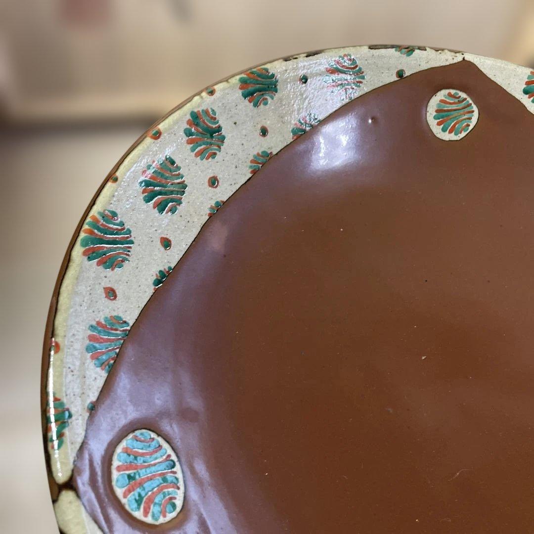 濱田友緒　柿釉赤絵大皿　共箱