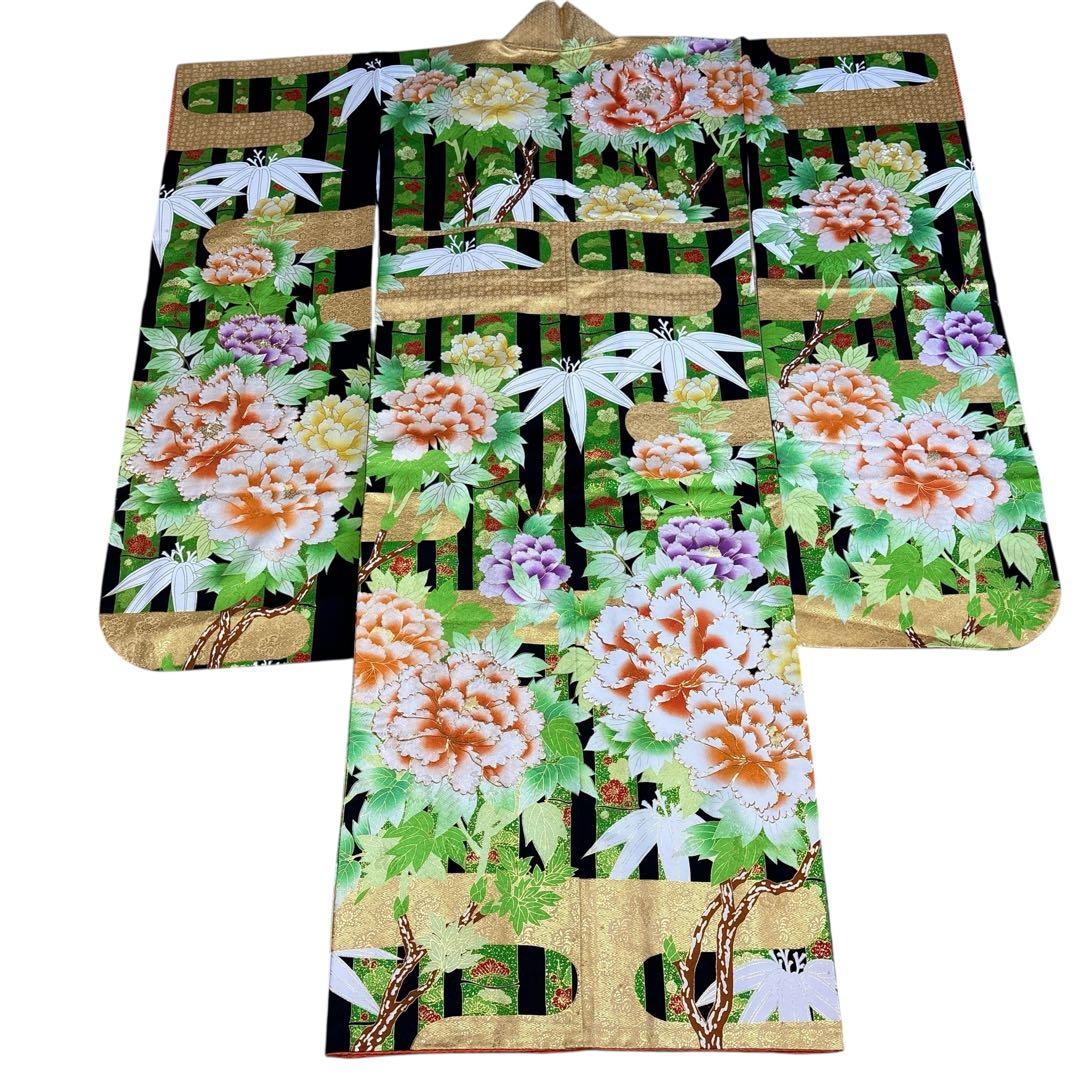 (う10) 竹縞に咲く艶牡丹 大正浪漫な雰囲気を漂わすアンティーク振袖⑤点セット